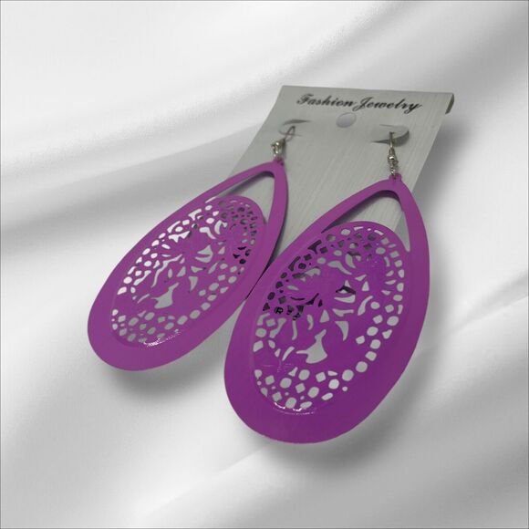 Vintage Purple Tone Open Work Drop Earrings Style Chic Fashion Elegant VTG NWOT - Picture 10 of 10